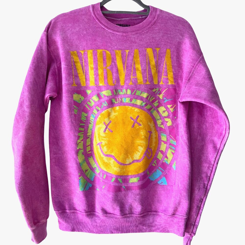 Hot Pink Acid Wash Nirvana Oversized Smile Sweatshirt Women's S